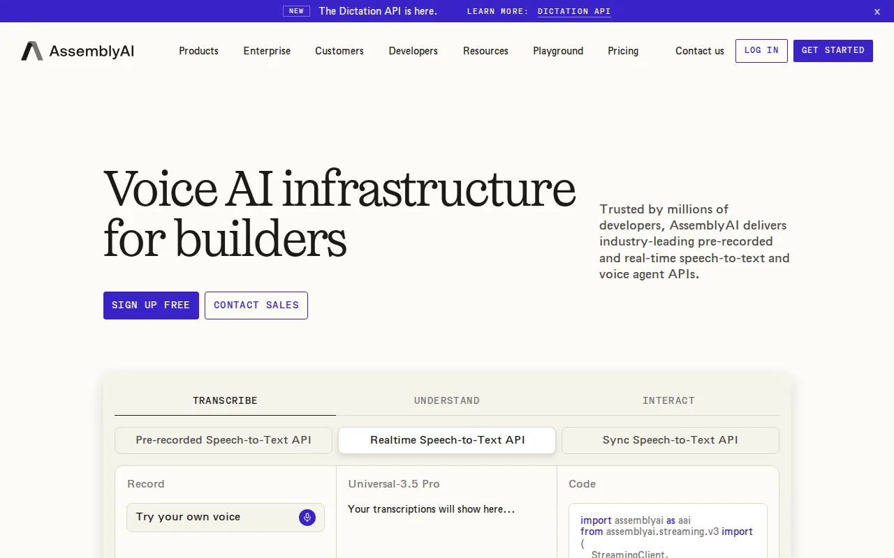 Screenshot of the AssemblyAI Universal-3.5 Pro Realtime website