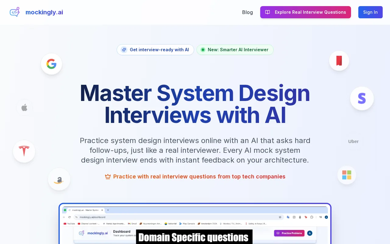 Mockingly.ai mobile system design practice homepage screenshot