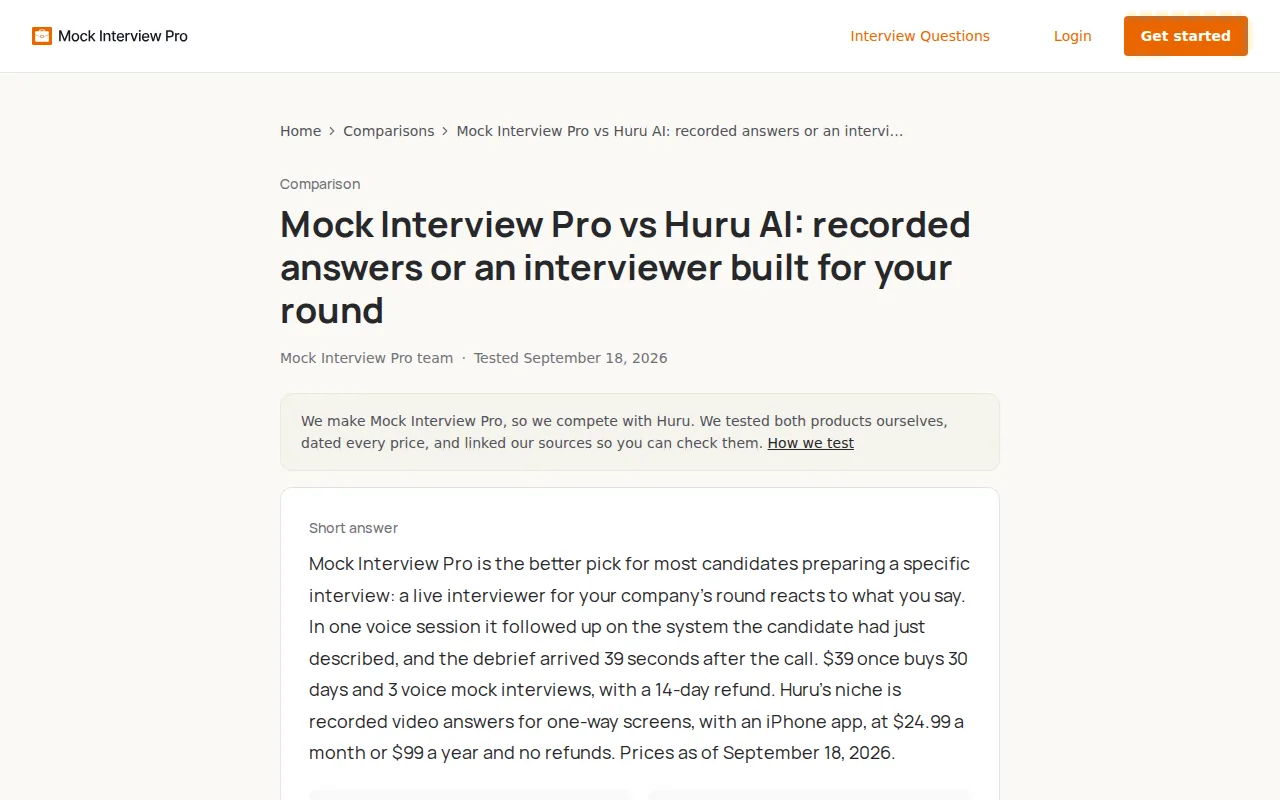 Screenshot of the Mock Interview Pro website