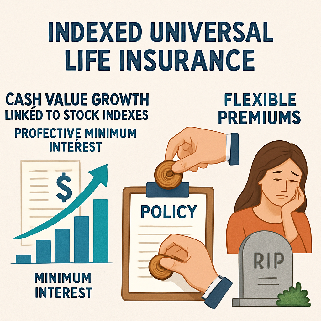 A detailed infographic showing Indexed Universal Life Insurance features including cash value growth linked to stock indexes with protective minimum interest, flexible premiums, and death benefits. Alt: Infographic depicting key features and benefits of the best IUL policies for retirement planning