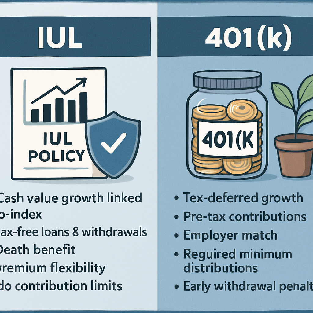 A side-by-side illustration of an Indexed Universal Life insurance policy and a 401(k) plan showing key features and benefits. Alt: Comparison of best IUL policies for retirement planning versus 401(k) retirement plans.