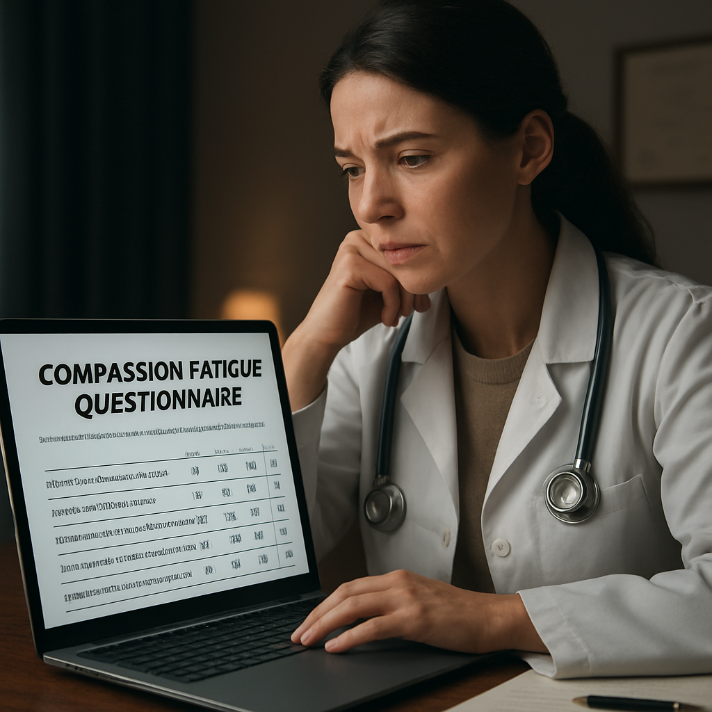 A clinician sitting at a desk with a laptop open to a compassion fatigue questionnaire, looking thoughtful. Alt: Compassion fatigue questionnaire example for healthcare professionals