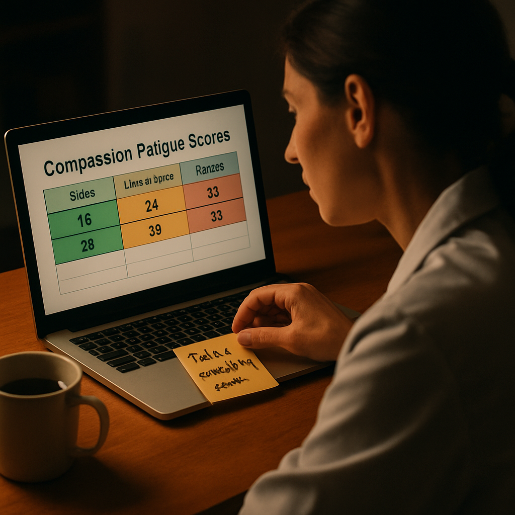 A clinician sitting at a desk with a laptop open to a simple spreadsheet showing color‑coded compassion fatigue scores, a coffee mug nearby, and a sticky note reminding them to take a breathing break. Alt: Compassion fatigue questionnaire ongoing monitoring dashboard.