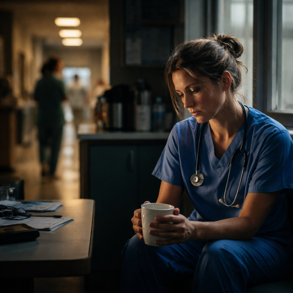 A cinematic, photorealistic scene of a weary nurse sitting alone in a dimly lit hospital break room, clutching a coffee mug, with soft natural light streaming through a window, highlighting the contrast between the bustling hallway outside and the quiet introspection inside. Alt: Recognizing signs of compassion fatigue in healthcare professionals