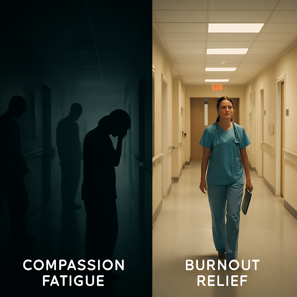 A cinematic, photorealistic scene of a hospital corridor split in half – one side dim and heavy with shadowy figures representing compassion fatigue, the other side bright, orderly, and illuminated to symbolize burnout relief. Alt: compassion fatigue vs burnout visual contrast for healthcare professionals.