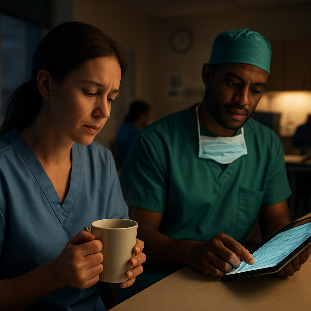 A cinematic, photorealistic scene of a busy hospital break room at dusk, with a weary nurse holding a steaming cup of tea, a surgeon glancing at a tablet full of patient charts, and soft ambient lighting that highlights the contrast between exhaustion and a hopeful glimpse of support, illustrating risk factors for compassion fatigue vs burnout. Alt: Hospital staff reflecting on stress and workload.