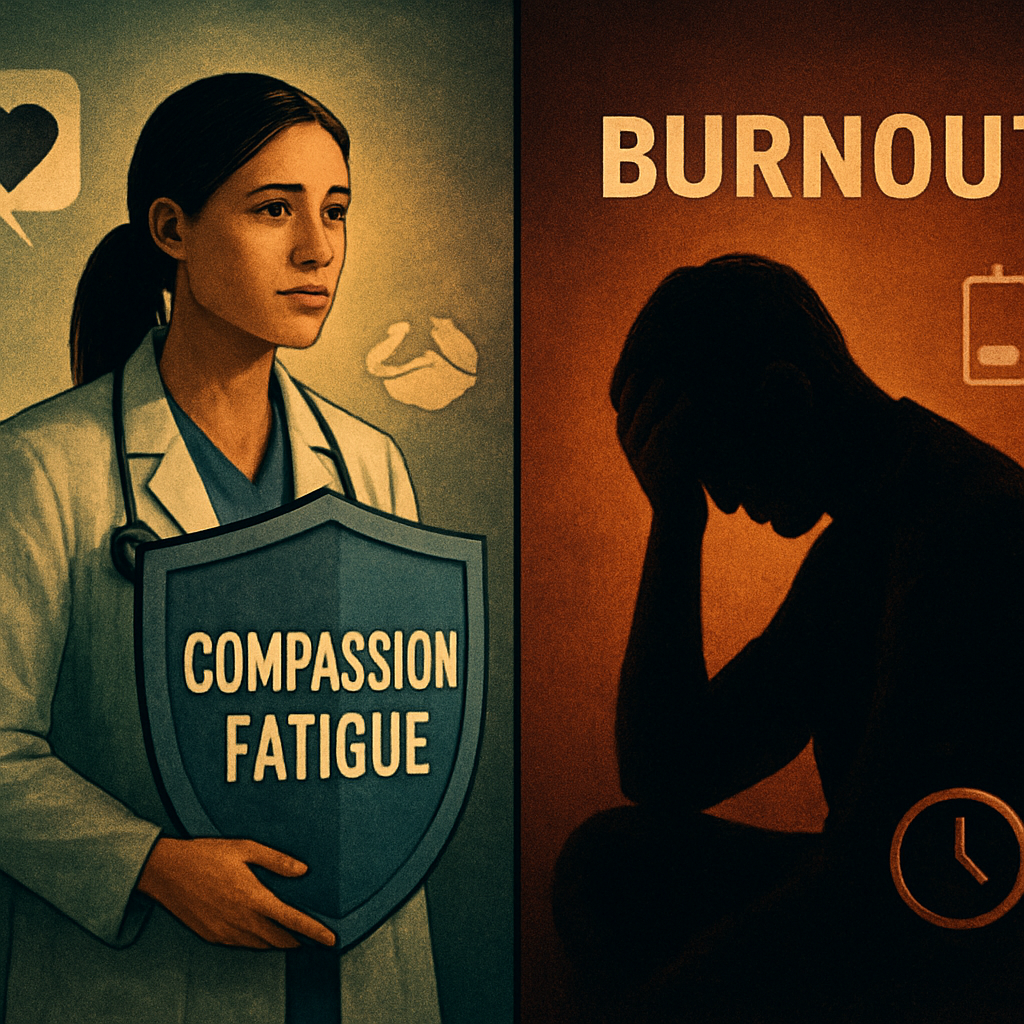 A split‑screen illustration showing a healthcare professional with a shield labeled ‘Compassion Fatigue’ on one side and a tired, exhausted silhouette labeled ‘Burnout’ on the other, surrounded by symbolic icons of empathy, exhaustion, and recovery steps. Alt: visual guide to spotting compassion fatigue vs burnout in clinicians
