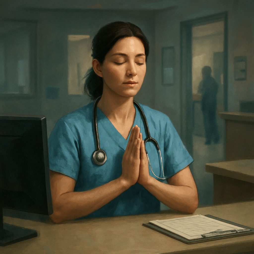 A calm medical professional taking a short mindful breathing pause at a nursing station. Alt: Compassion fatigue self‑care practice illustration