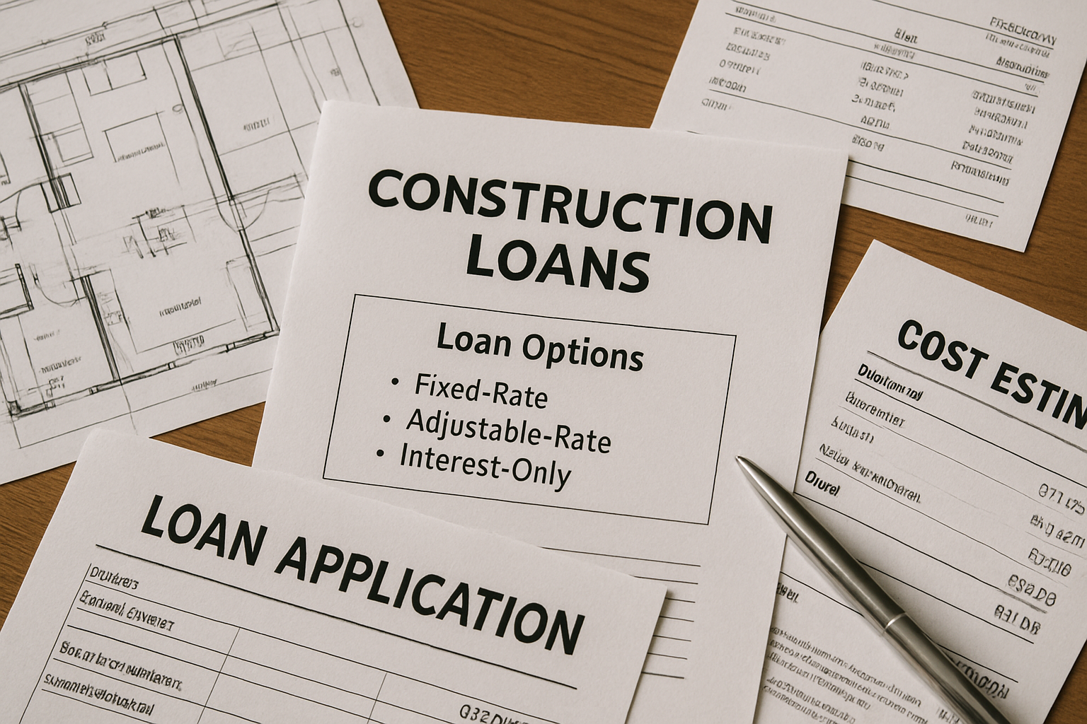 Blueprints and financial documents on a table illustrating various construction loan options. Alt: Construction loans baldivis financial paperwork planning
