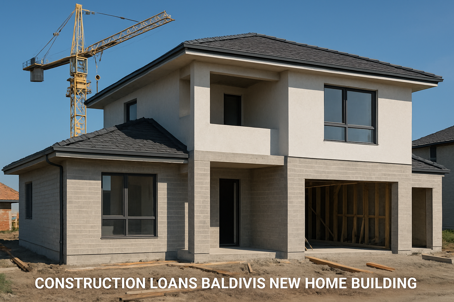 Modern house under construction in Baldivis with crane in background. Alt: Construction loans baldivis new home building