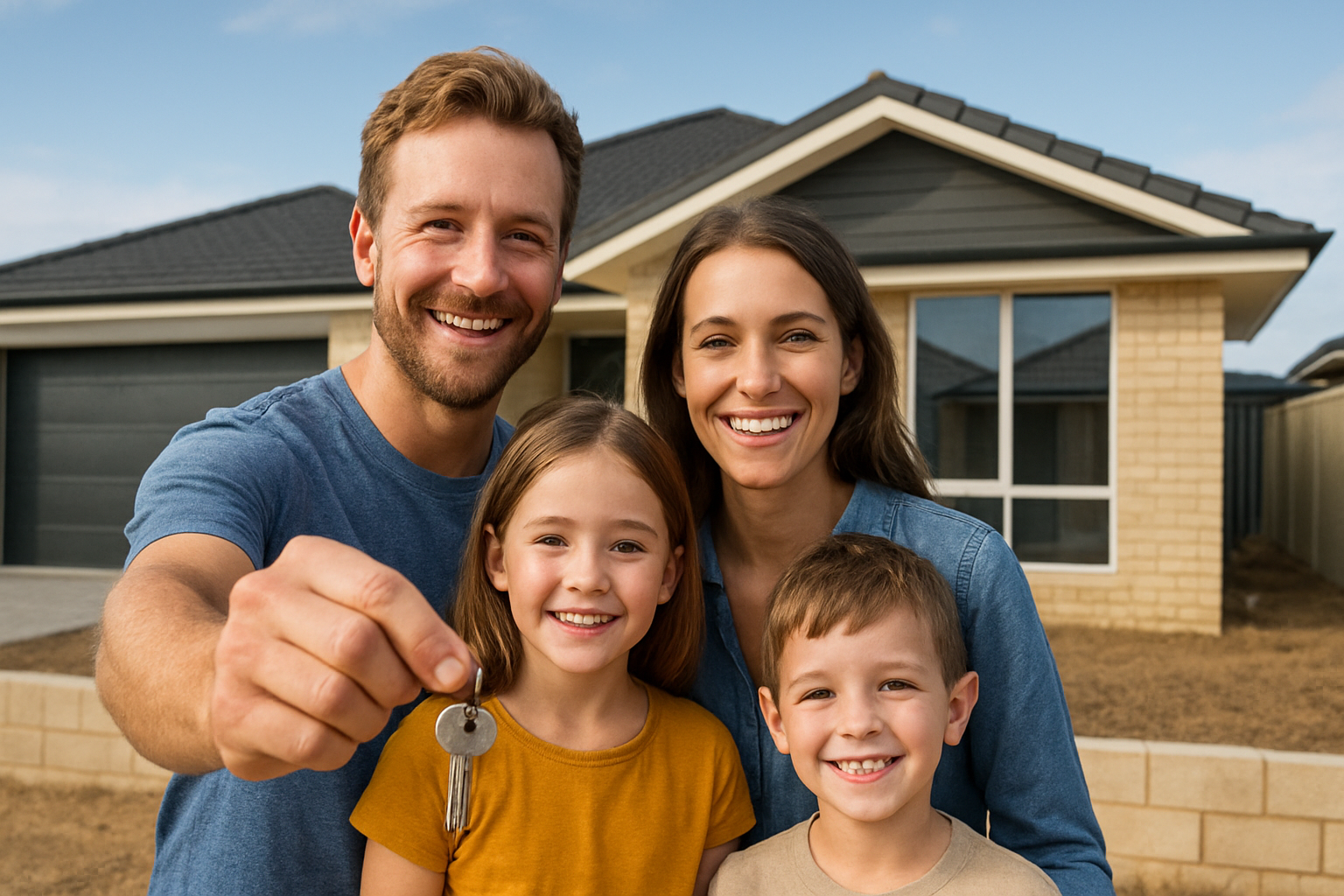 Happy family holding house keys in front of newly built house in Baldivis. Alt: Construction loans baldivis new home ownership