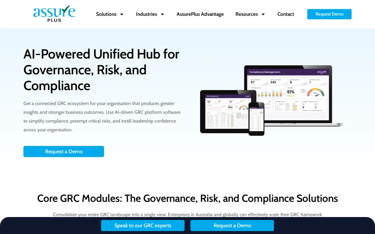 Screenshot of the AssurePlus: Integrated AI-powered GRC for regulated enterprises website