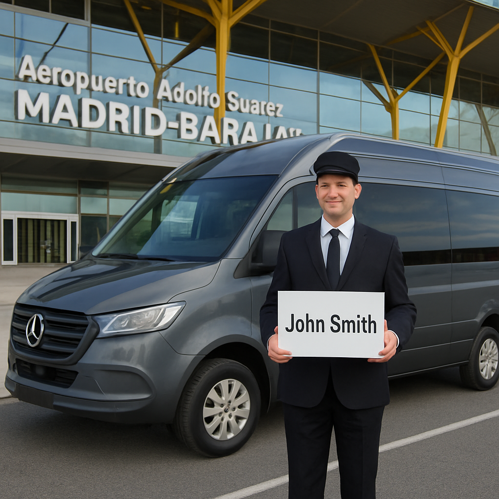 A sleek, modern minibus parked outside Madrid Barajas Airport, driver holding a sign with a passenger’s name. Alt: airport transfer madrid minibus ready for pickup