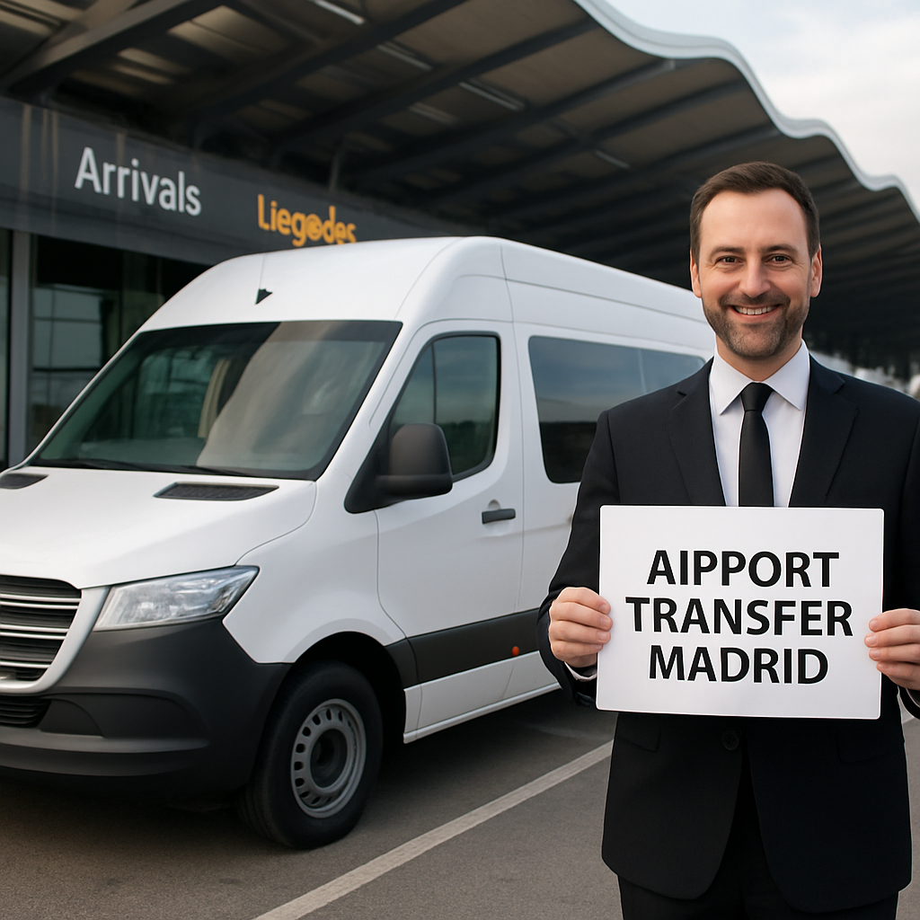 A modern minibus parked at Madrid‑Barajas Airport with a friendly driver holding a name sign. Alt: airport transfer madrid minibus waiting at arrivals