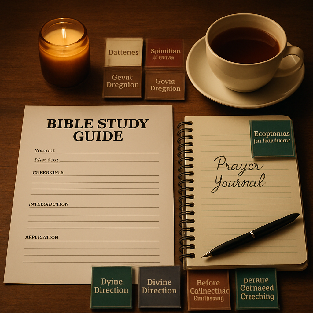 A cozy study corner with a printed bible study guide pdf, a notebook, a candle, and a cup of tea. Alt: Organized study space with printable bible study guide pdf and prayer journal.