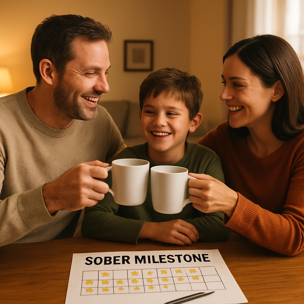 A warm living room scene where a family celebrates a sober milestone with a simple toast of coffee, showing supportive body language and a small reward chart on the table. Alt: Family celebrating sobriety with coffee toast and reward chart.