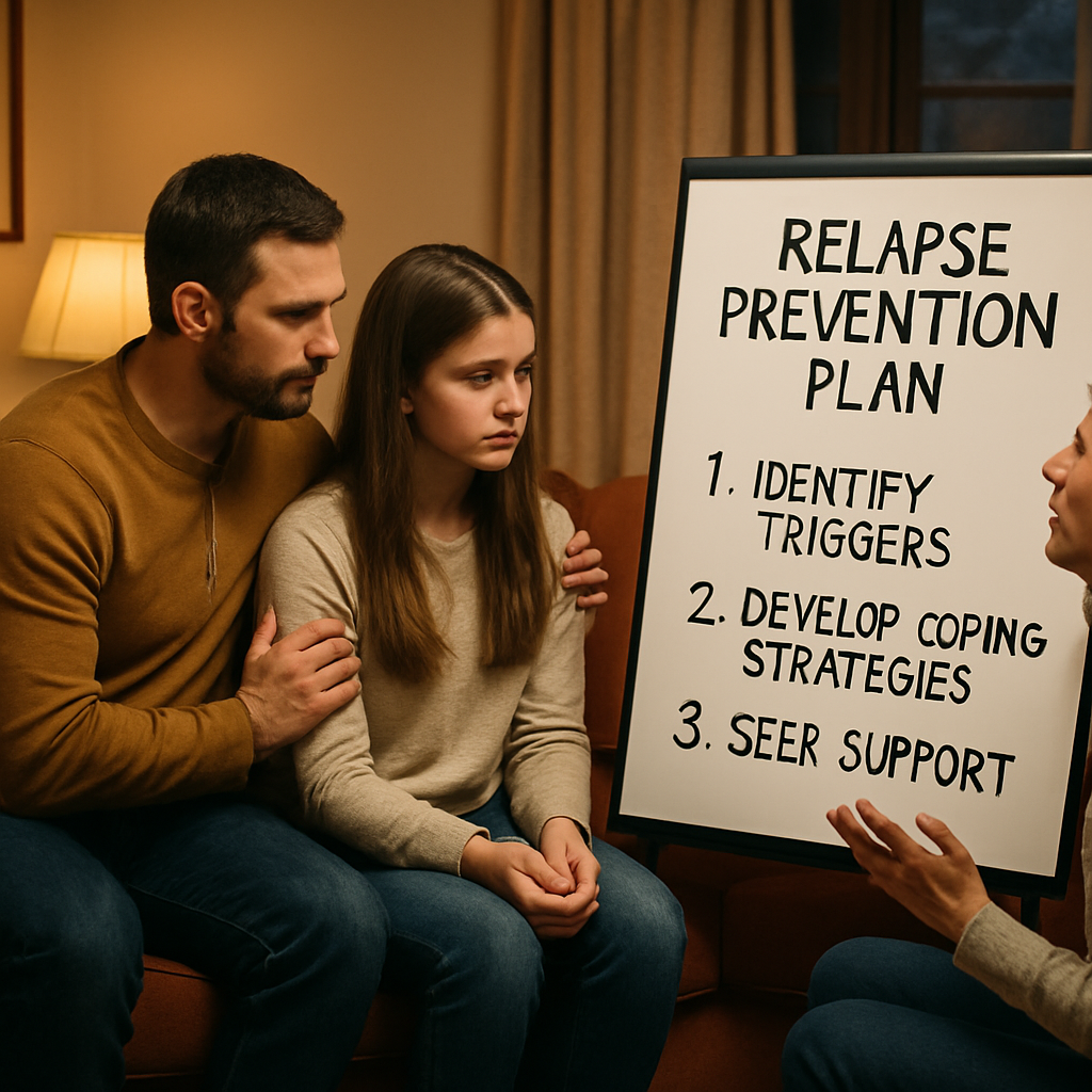 A warm living room scene where a family reviews a relapse prevention plan together, showing supportive gestures and a whiteboard with simple steps. Alt: Managing relapse and sustaining progress with CRAFT intervention