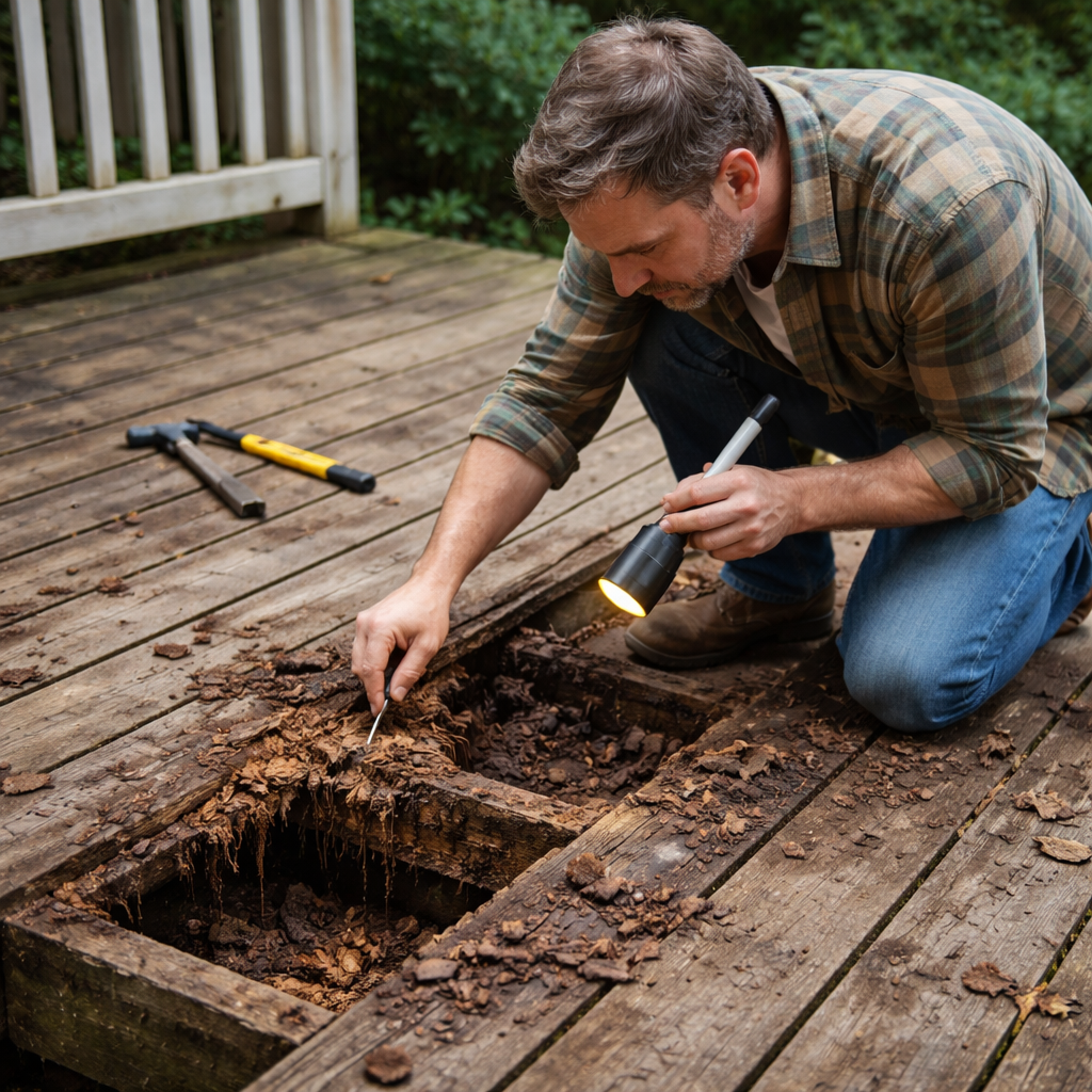 A descriptive prompt for an AI image generator, related to the surrounding text. Alt: Homeowner inspecting a weathered deck with rot.