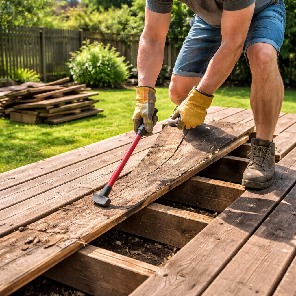 A photorealistic scene of a homeowner in work gloves using a pry bar to lift a weathered deck board on a sunny backyard, with a clear view of the joist underneath and piles of old boards ready for disposal. Alt: Removing damaged deck board for repair.