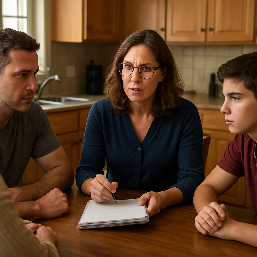 A compassionate family intervention specialist sitting at a kitchen table with a family, holding a notebook and offering guidance. Alt: family intervention specialist guiding a family through a recovery plan