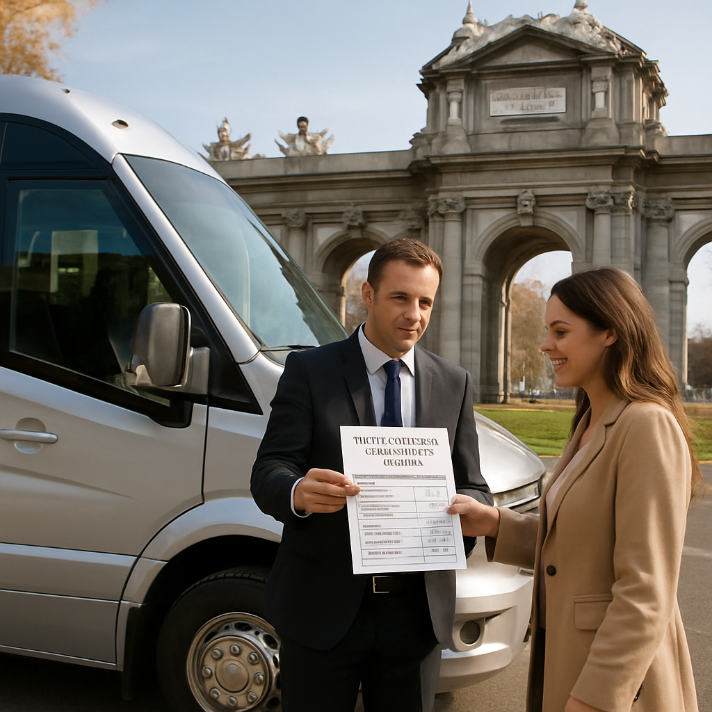 A realistic scene of a sleek microbus parked at a Madrid landmark with a driver handing over a price sheet to a smiling client. Alt: alquiler microbus con conductor Madrid pricing comparison.