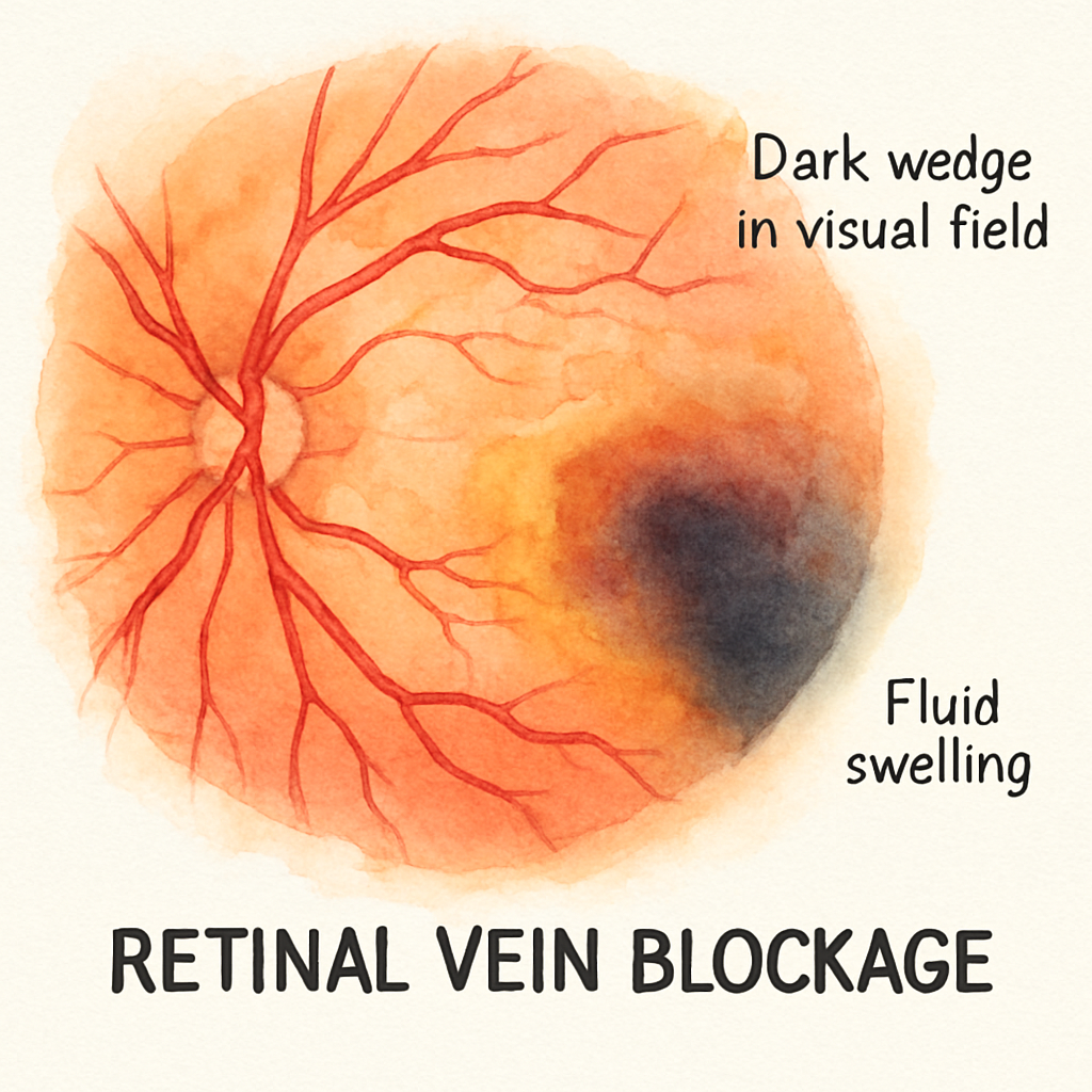 A close‑up illustration of a retinal vein blockage with surrounding fluid swelling, showing the dark wedge in the visual field. Alt: BRVO cause and macular edema visual guide