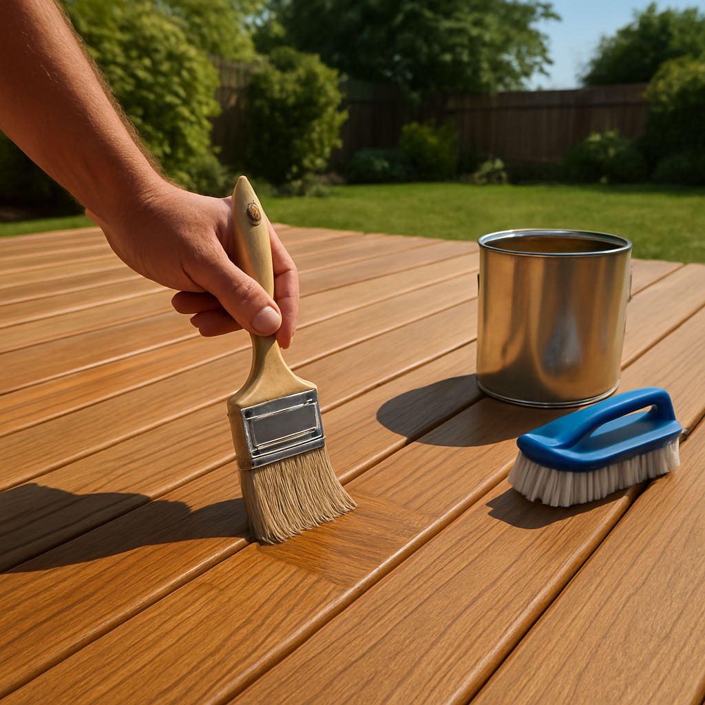 A sunny backyard deck with a person applying sealant using a brush, showing close‑up of wood grain and smooth composite boards. Alt: Finishing and maintaining decks with sealant and cleaning tools.