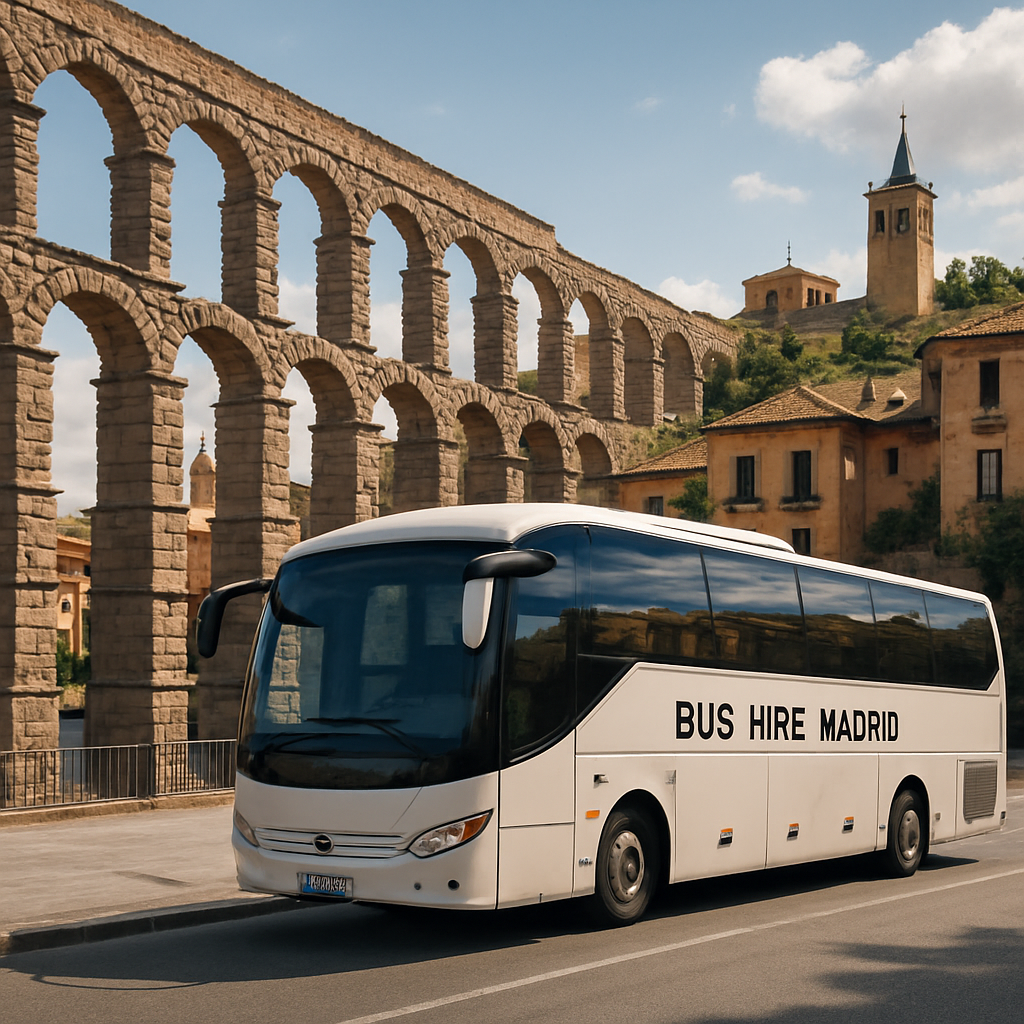 An inviting coach bus parked on a scenic street in front of the Roman aqueduct in Segovia. Alt: Bus hire Madrid visiting Segovia’s iconic Roman aqueduct and medieval landmarks.