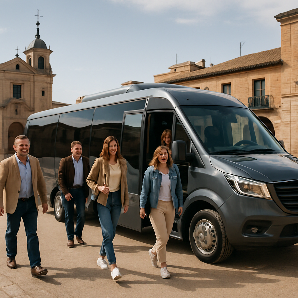 A sleek modern minibus parked beside a historic Spanish town square, passengers unloading with smiles. Alt: bus rental Spain minibus in historic city center.
