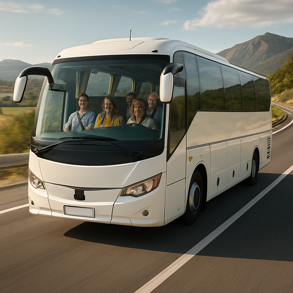 A modern Spanish coach cruising along a scenic highway with passengers smiling, Alt: comfortable and safe bus rental Spain with insurance and licensing details.