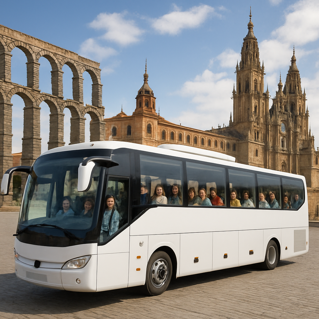 A comfortable luxury coach surrounded by iconic landmarks of Spain's historical cities, capturing a group enjoying a charter bus trip from Madrid. Alt: Charter bus Madrid transporting group tourists on an excursion to Spanish heritage sites.