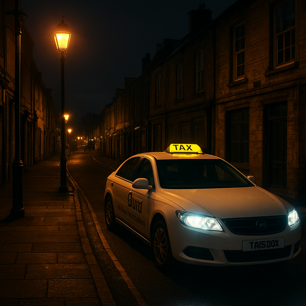 A nighttime street in Kendal with a bright taxi waiting at a curb, illuminated by streetlights. Alt: 24 hour taxi service ready for night‑time pickups in Kendal.