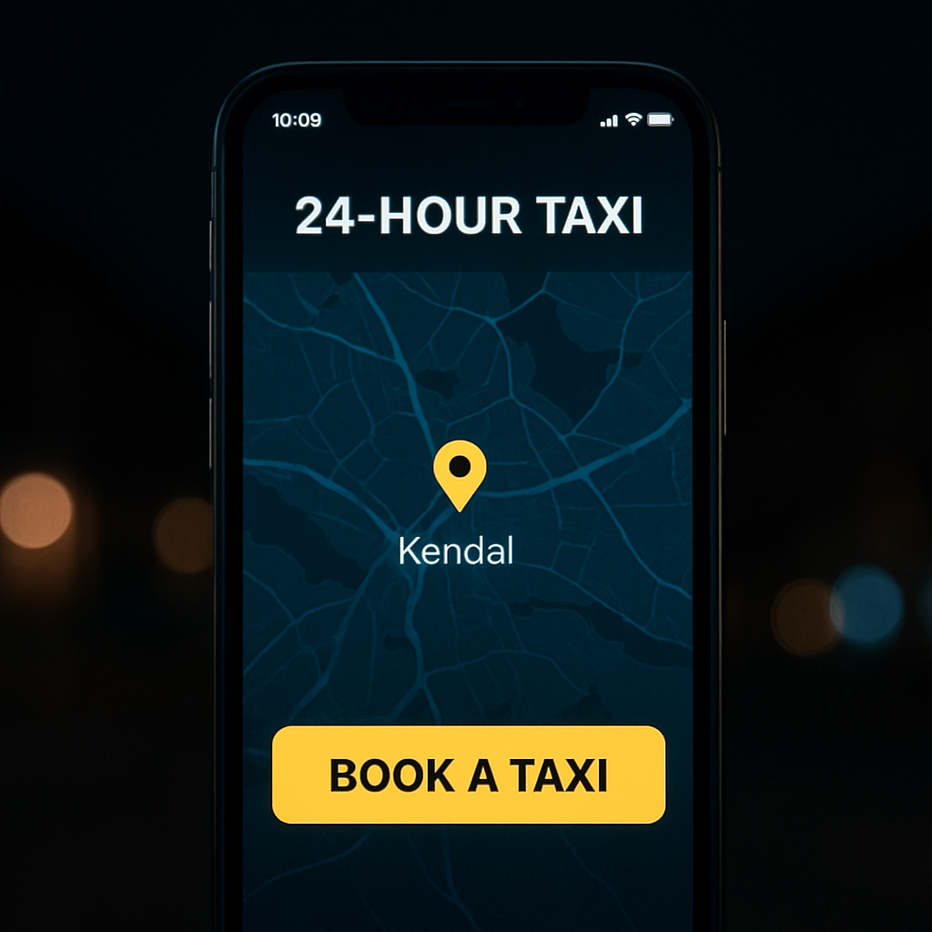 A phone screen showing a 24‑hour taxi app with a map of Kendal at night, highlighting the booking button. Alt: 24 hour taxi service app interface for easy booking.