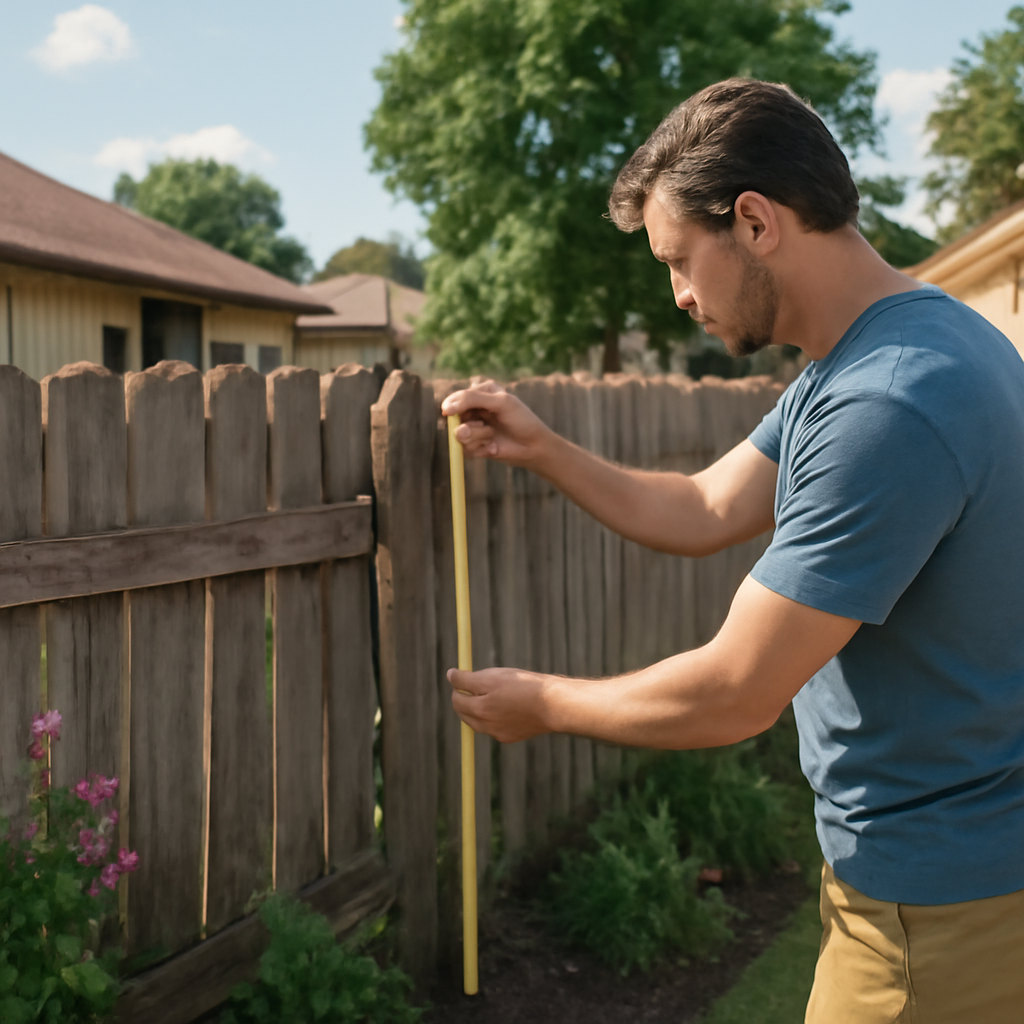 A sunny suburban backyard showing a homeowner measuring an old wooden fence with a tape measure, focusing on a cracked post and surrounding garden. Alt: Assessing an aging fence before replacement.