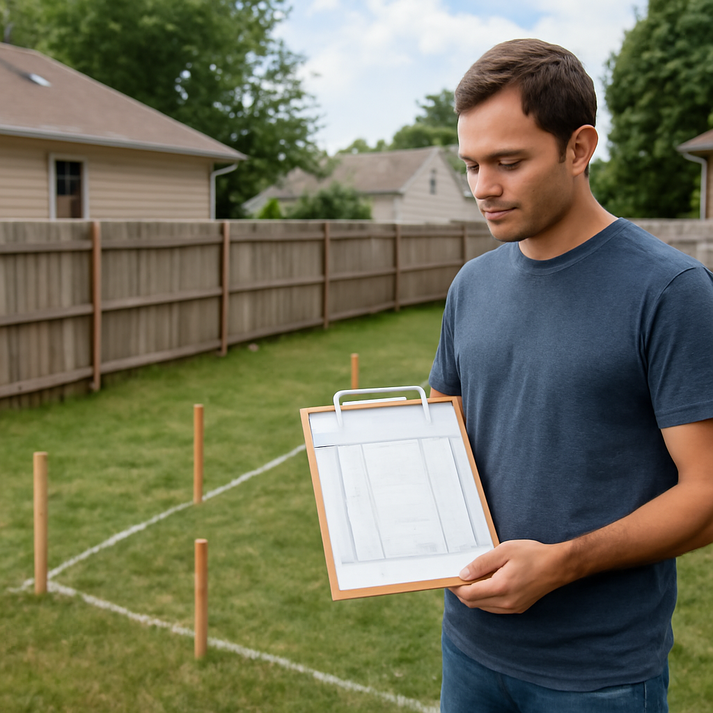 A homeowner in a suburban yard holding a clipboard with a fence site plan, standing next to marked post locations and a clear view of the property line. Alt: Preparing the site and obtaining permits for fence replacements