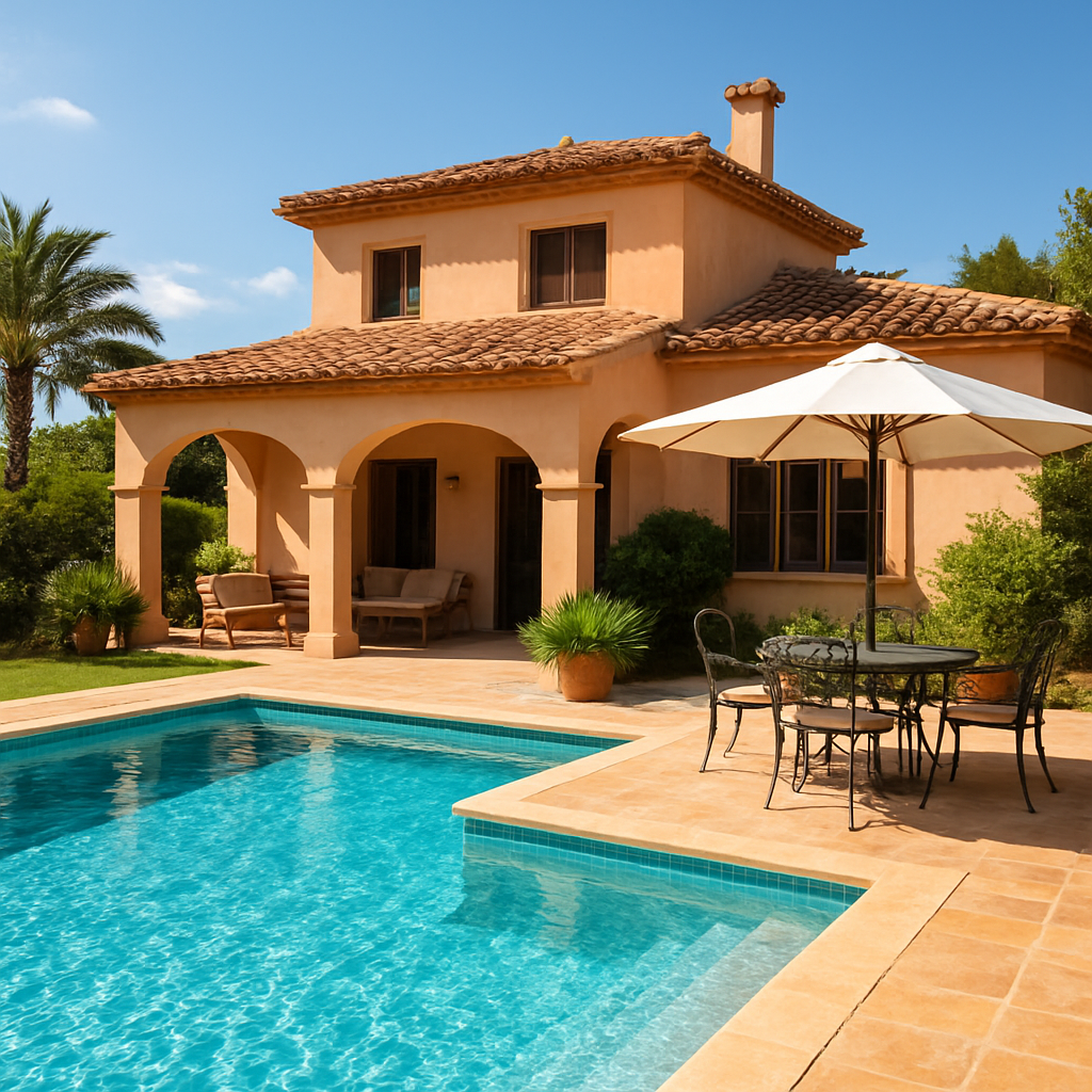 A sun‑lit Mediterranean villa with a terracotta roof, a sparkling private pool, and a shaded patio featuring an elegant umbrella. Alt: villas for sale fuengirola luxury outdoor living