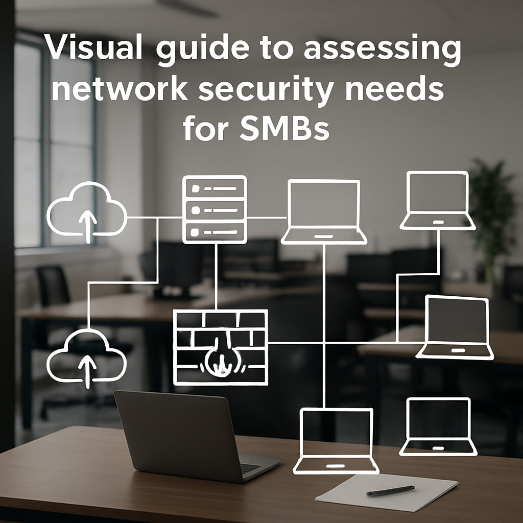 A modern office with a network diagram overlay showing firewalls, servers, laptops, and cloud icons. Alt: Visual guide to assessing network security needs for SMBs.