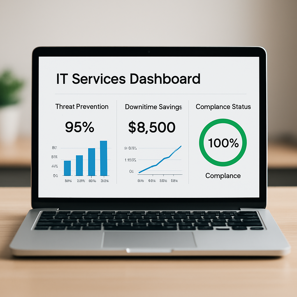A clean dashboard on a laptop screen showing graphs of threat prevention, downtime savings, and compliance status. Alt: firewall management services ROI dashboard with key metrics.
