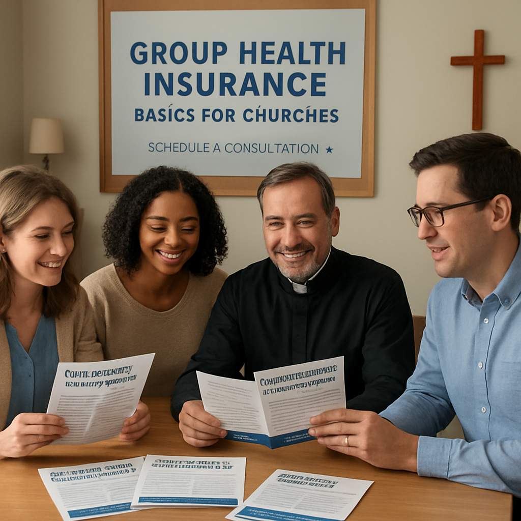 A friendly church office setting with a pastor and staff reviewing health insurance brochures together. Alt: group health insurance basics for churches explained with staff and brochures.