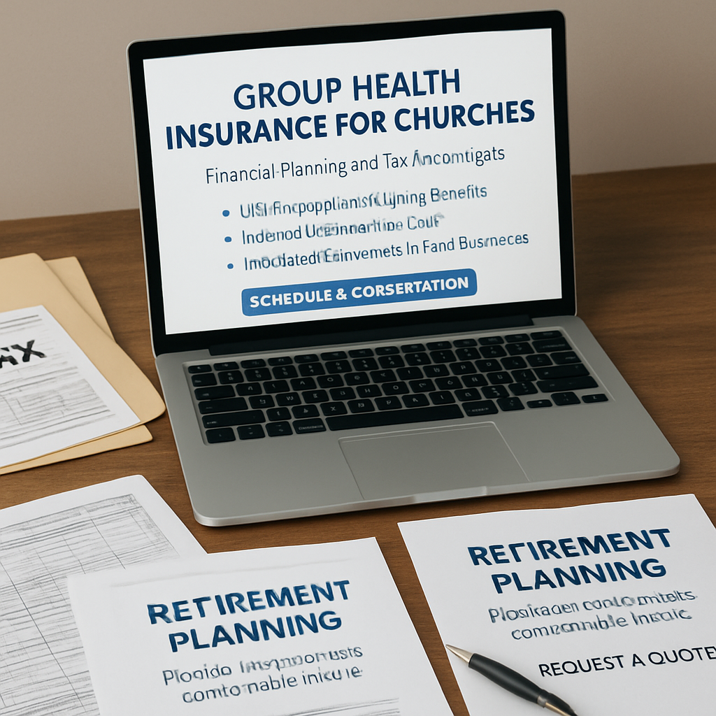 A church office table with spreadsheets, tax forms, and a laptop showing health insurance options. Alt: group health insurance for churches financial planning and tax advantages illustration