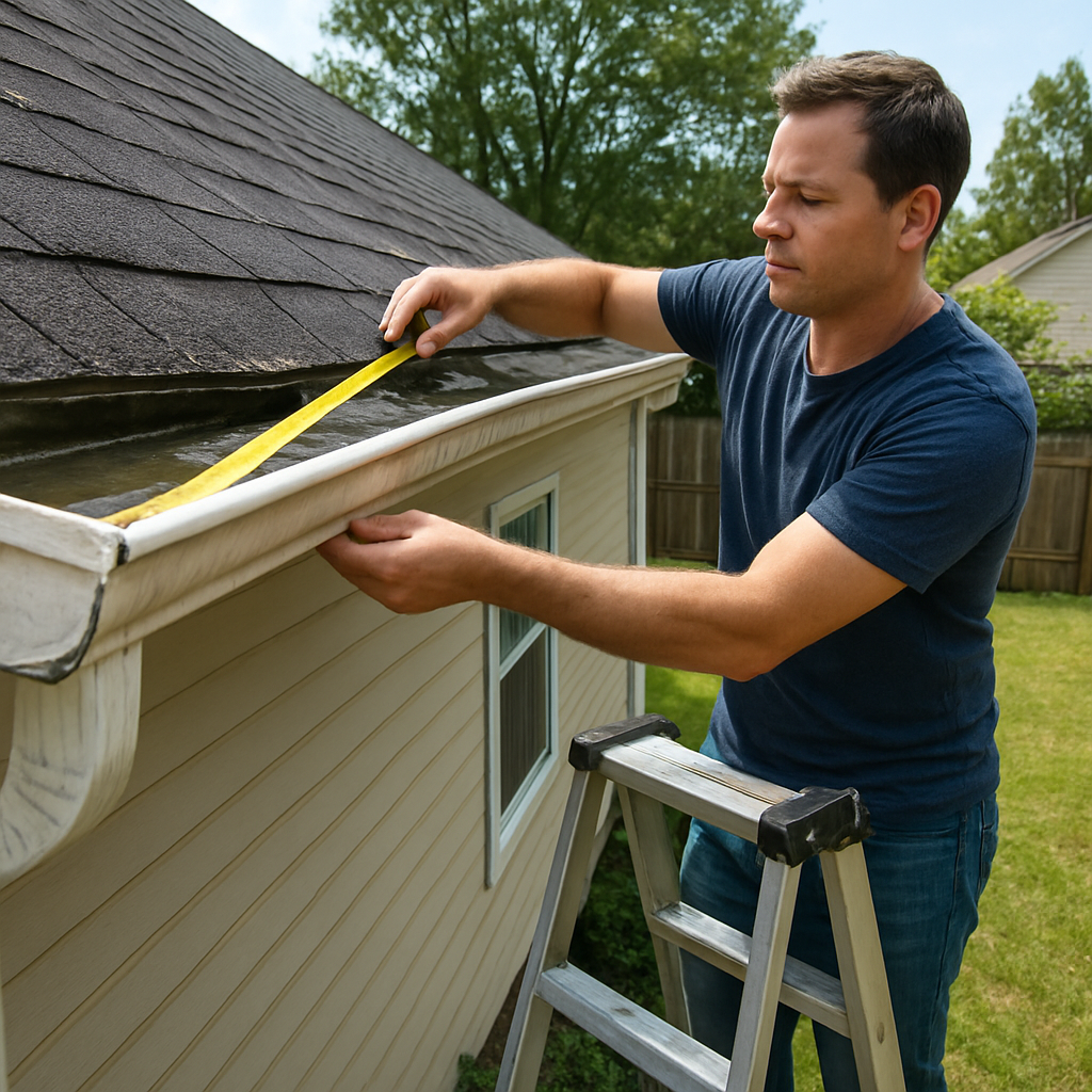 A photorealistic scene of a homeowner standing on a sturdy ladder, measuring gutter length with a tape measure, bright daylight, realistic backyard of a Virginia Beach house, showing sagging gutter section and water pooling, Alt: Assessing gutter system for cleaning