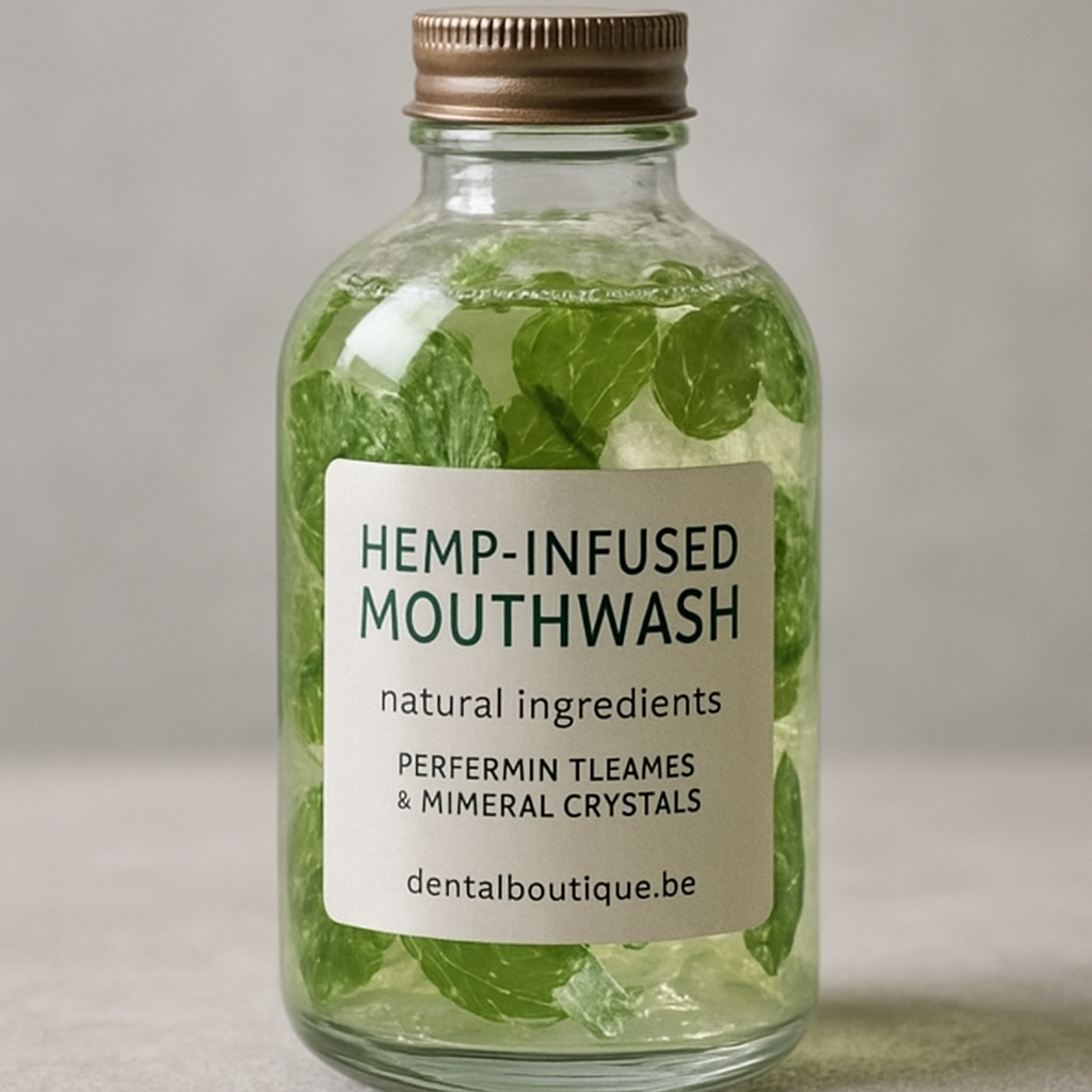 A close‑up of a glass bottle of hemp‑infused mouthwash swirling with peppermint leaves and mineral crystals. Alt: hemp mouthwash natural ingredients.