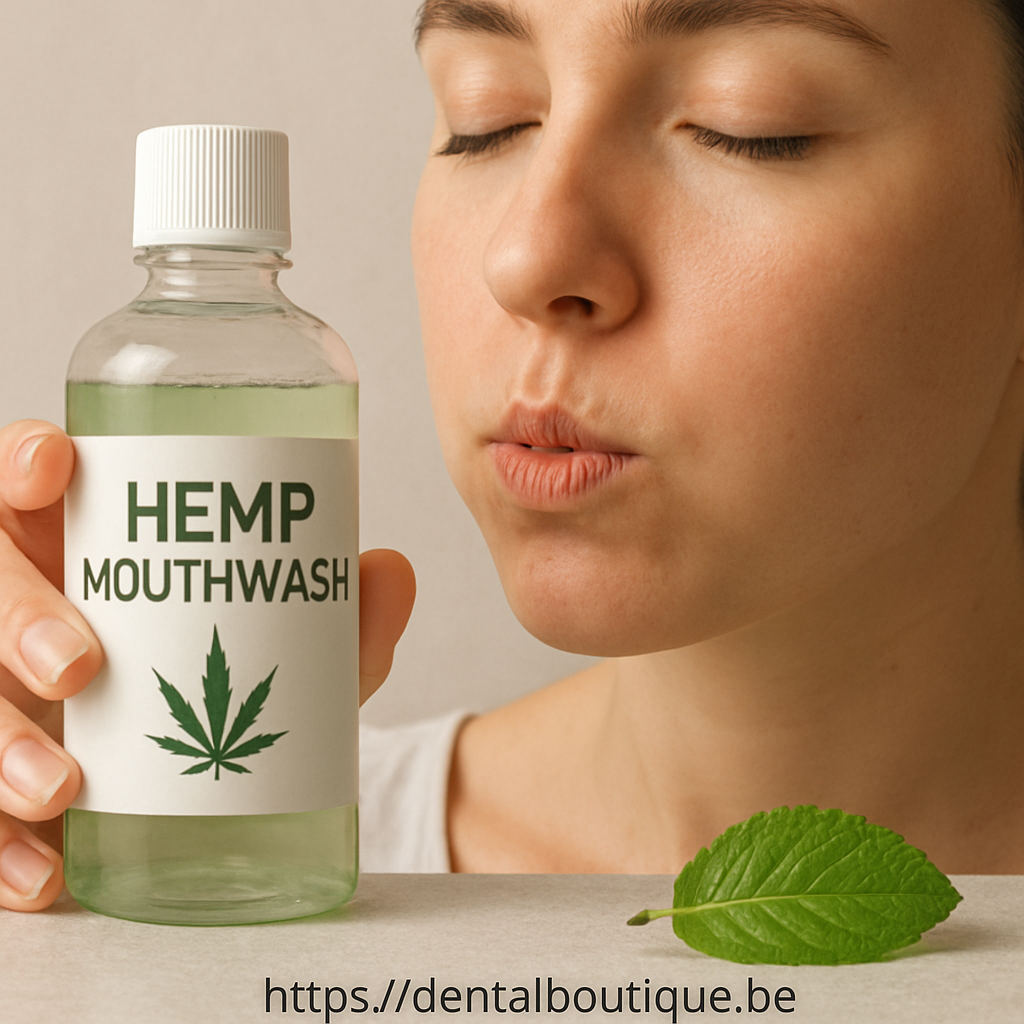 A close‑up of a person gently swishing hemp mouthwash, showing a calm expression and a soft mint leaf beside the bottle. Alt: Person using hemp mouthwash with mild tingling sensation illustration.