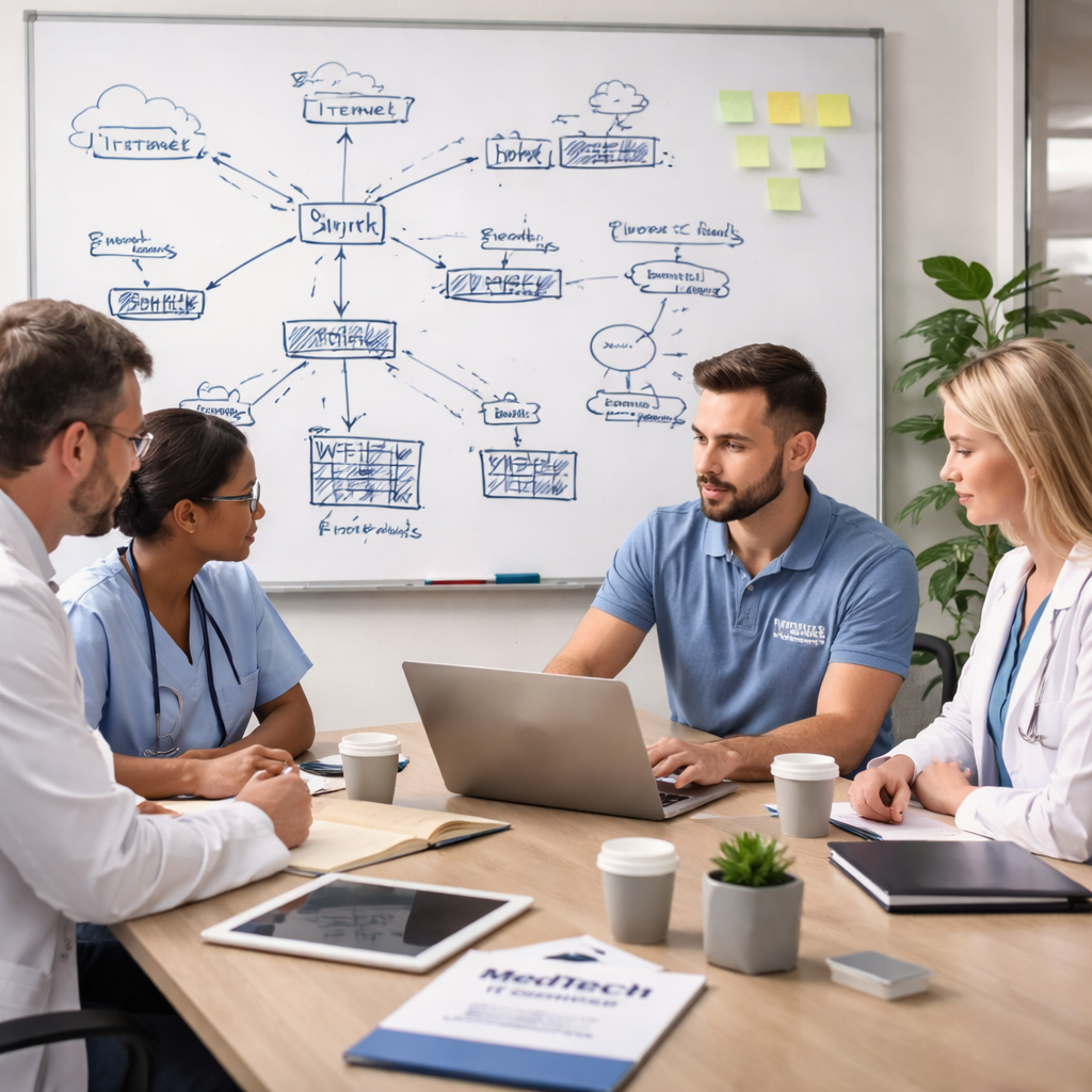 Healthcare professionals discussing IT support strategies, with a focus on network mapping and compliance, in a meeting room featuring a whiteboard diagram and laptops.