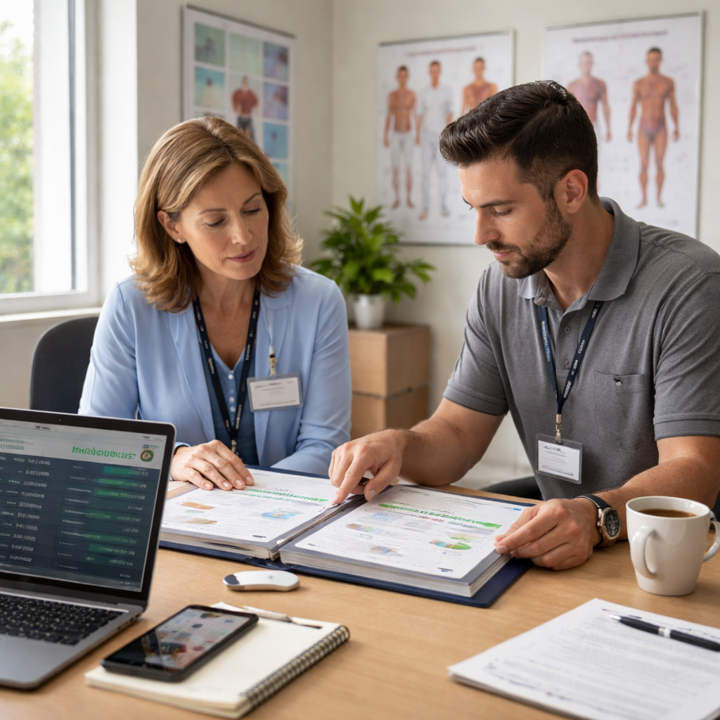 Healthcare professionals discussing IT support strategies over documents, with a laptop displaying data analytics and a smartphone on the table, emphasizing compliance and operational efficiency.