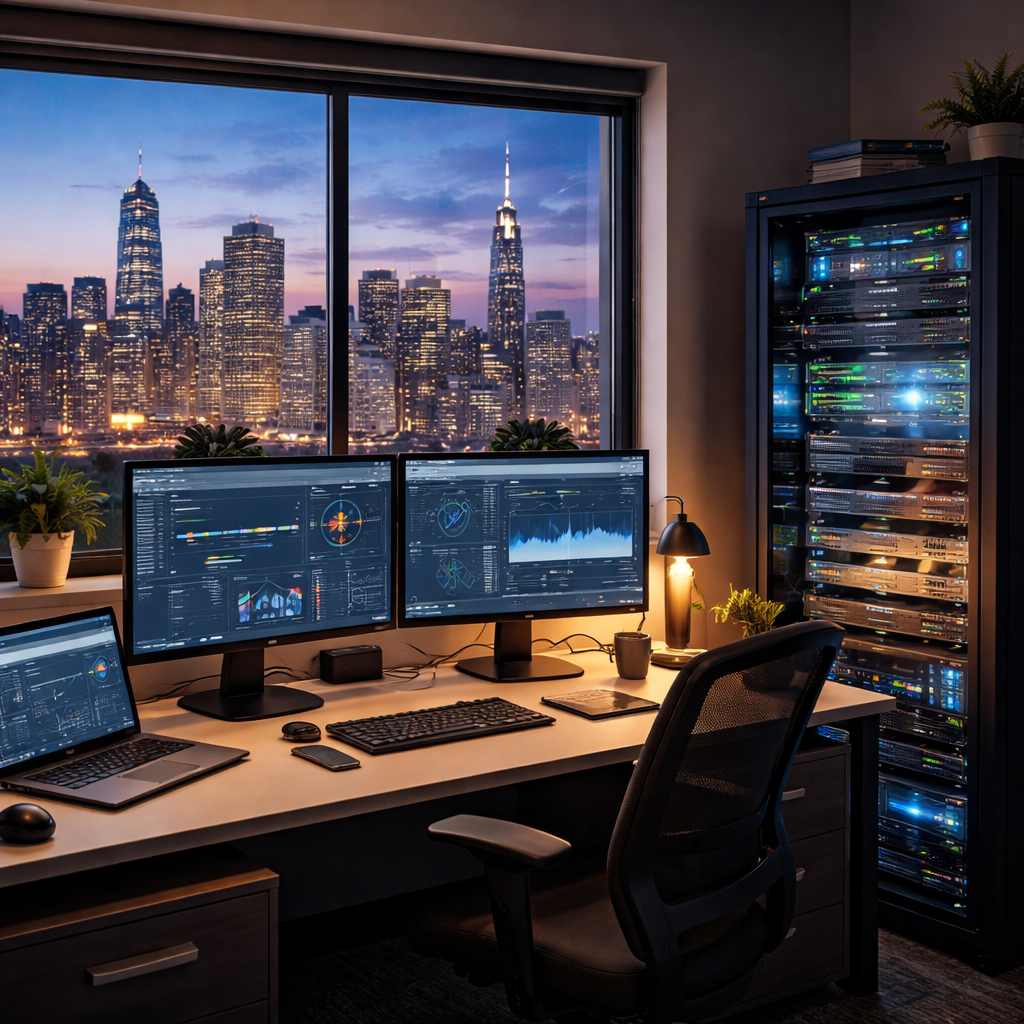 A photorealistic scene of a small San Francisco office with a modern workstation, a network rack glowing softly, and a city skyline visible through the window, illustrating IT support services in action for SMBs. Alt: IT support services San Francisco office monitoring and security.