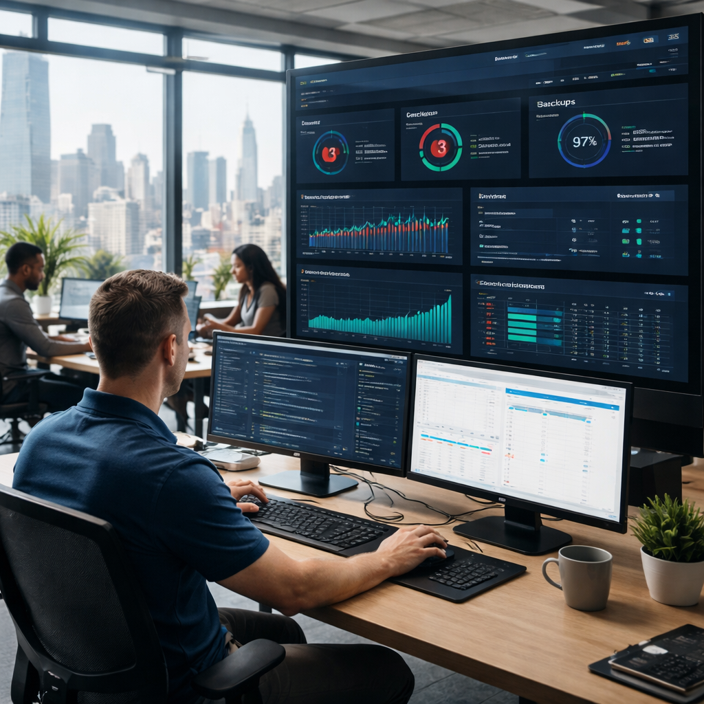 A photorealistic scene of a modern San Francisco office where a technician monitors a large dashboard displaying real‑time alerts, backup status, and performance graphs; diverse employees work at desks while the city skyline is visible through floor‑to‑ceiling windows. Alt: Proactive IT support plan in action for San Francisco SMBs.