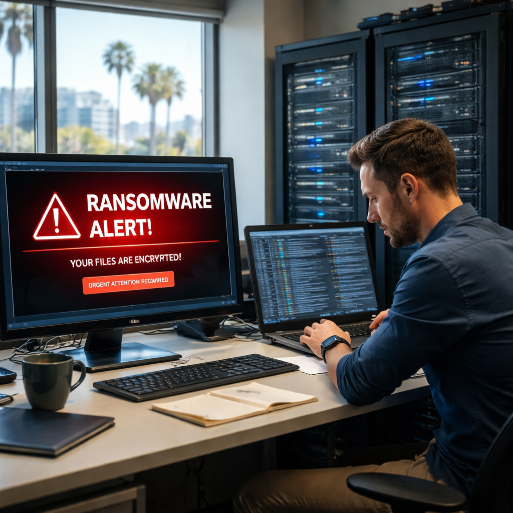 A photorealistic scene of a small Bay Area business office, with a computer screen showing a warning alert about ransomware, a backup server rack in the background, and a calm IT professional reviewing logs, realistic lighting, realistic style, Alt: Cybersecurity and ransomware protection for msp services bay area.