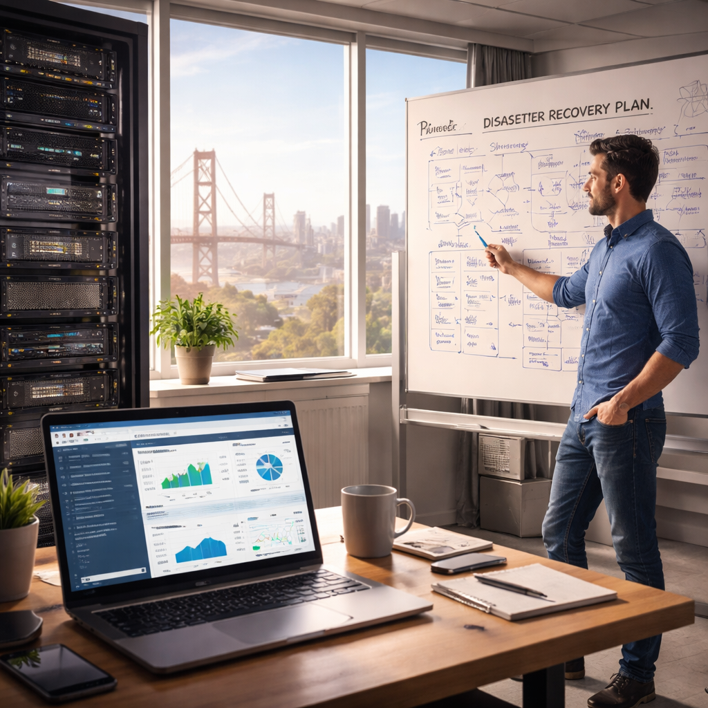 A photorealistic scene of a small Bay Area office with a server rack, a laptop displaying a backup dashboard, and a calm IT professional reviewing a disaster‑recovery plan on a whiteboard. Soft natural lighting through large windows, realistic style. Alt: Backup, disaster recovery and business continuity for Bay Area SMBs.