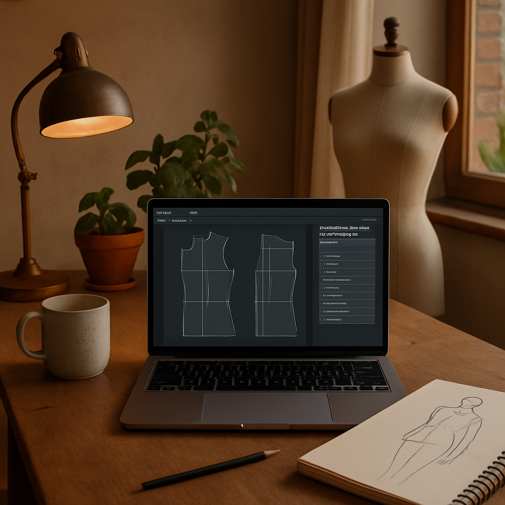 A cozy home studio with a laptop open to a pattern drafting software interface, showing a sloper on screen and a sketchbook beside it. Alt: pattern drafting platform selection guide